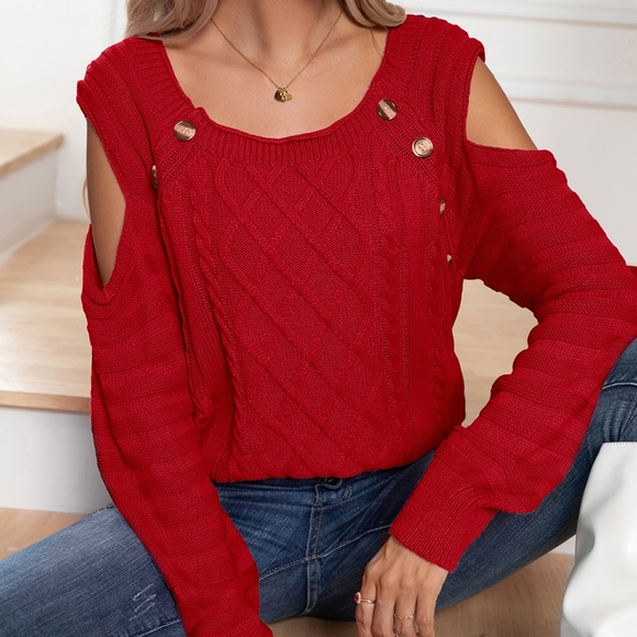 Buttoned Elegance Cold Shoulder Sweater - Red - Picture 1 of 3